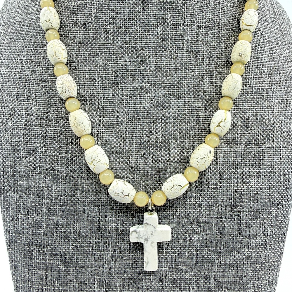 Boho Cross Necklace White Crackle Bead Statement Layering Spiritual Gift Jewelry